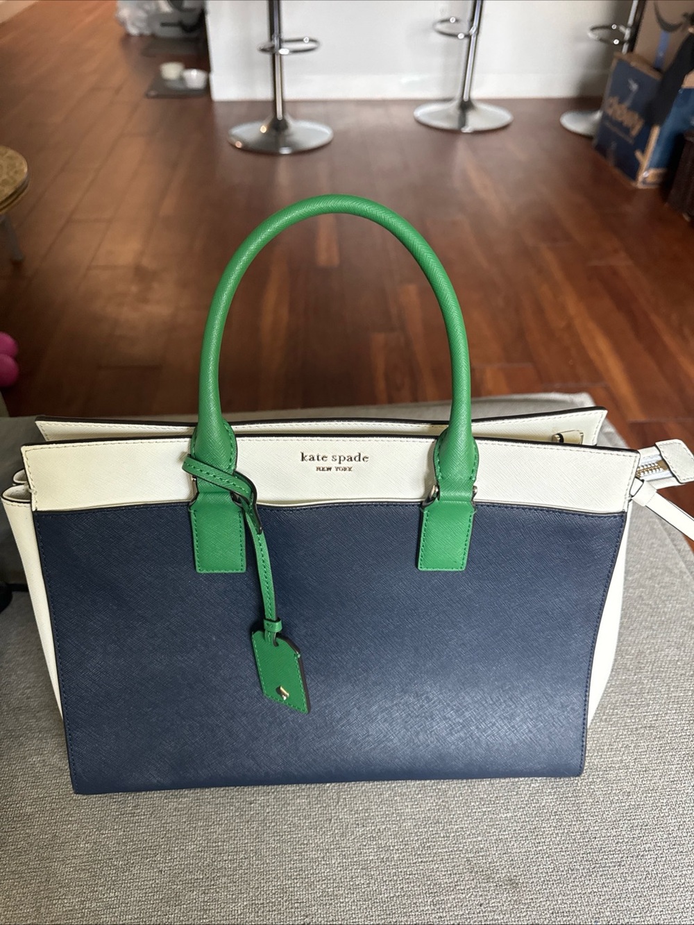 kate spade navy, green & cream Saffiano leather satchel